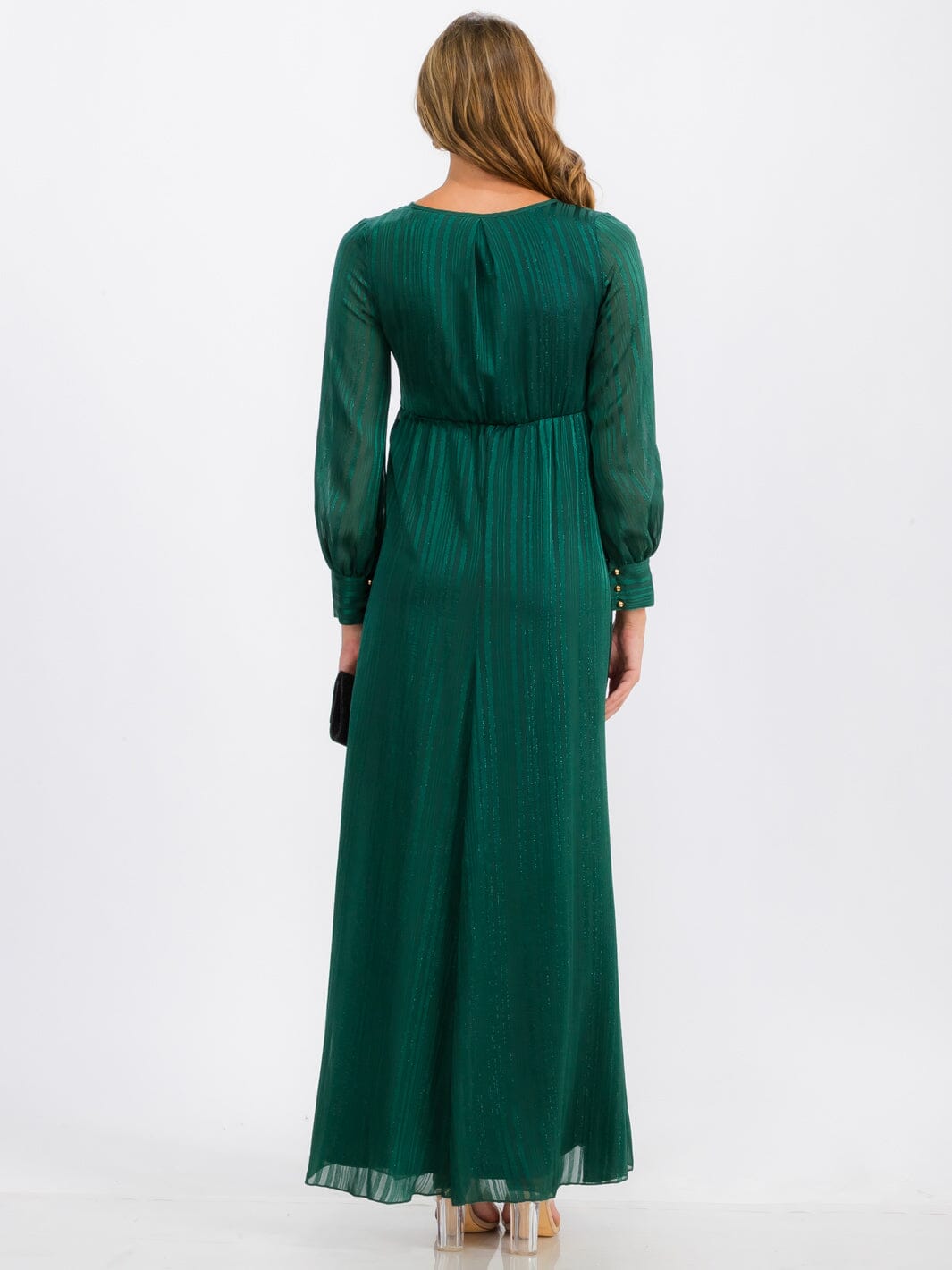 WOMEN'S LONG SLEEVE SURPLICE SELF TIE SHIMMER MAXI DRESS