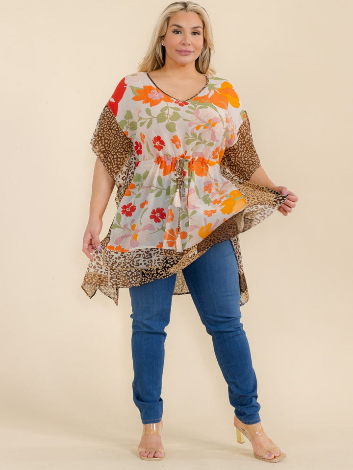PLUS SIZE SHORT SLEEVE ANIMAL PRINT FLORAL TUNIC BLOUSE