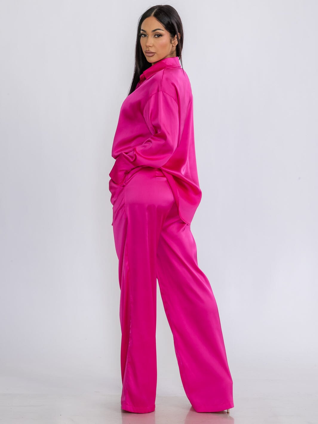 WOMEN'S LONG SLEEVE BLOUSE & BUTTON CLOSURE PANTS SATIN 2PC.SET