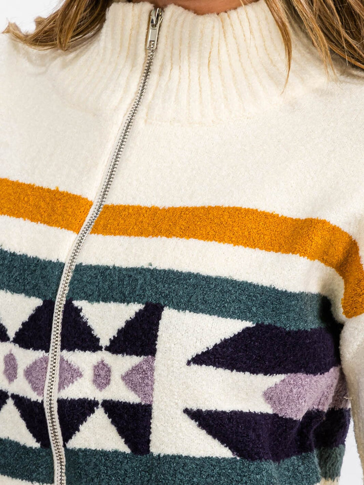 WOMEN'S LONG SLEEVE ZIP UP MULTI PRINT SWEATER CARDIGAN