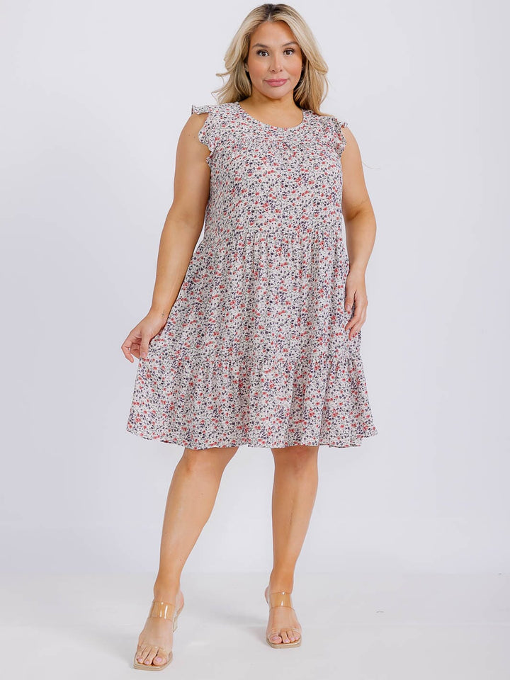 PLUS SIZE DITSY FLOWER PRINT FRONT POCKET MINI DRESS