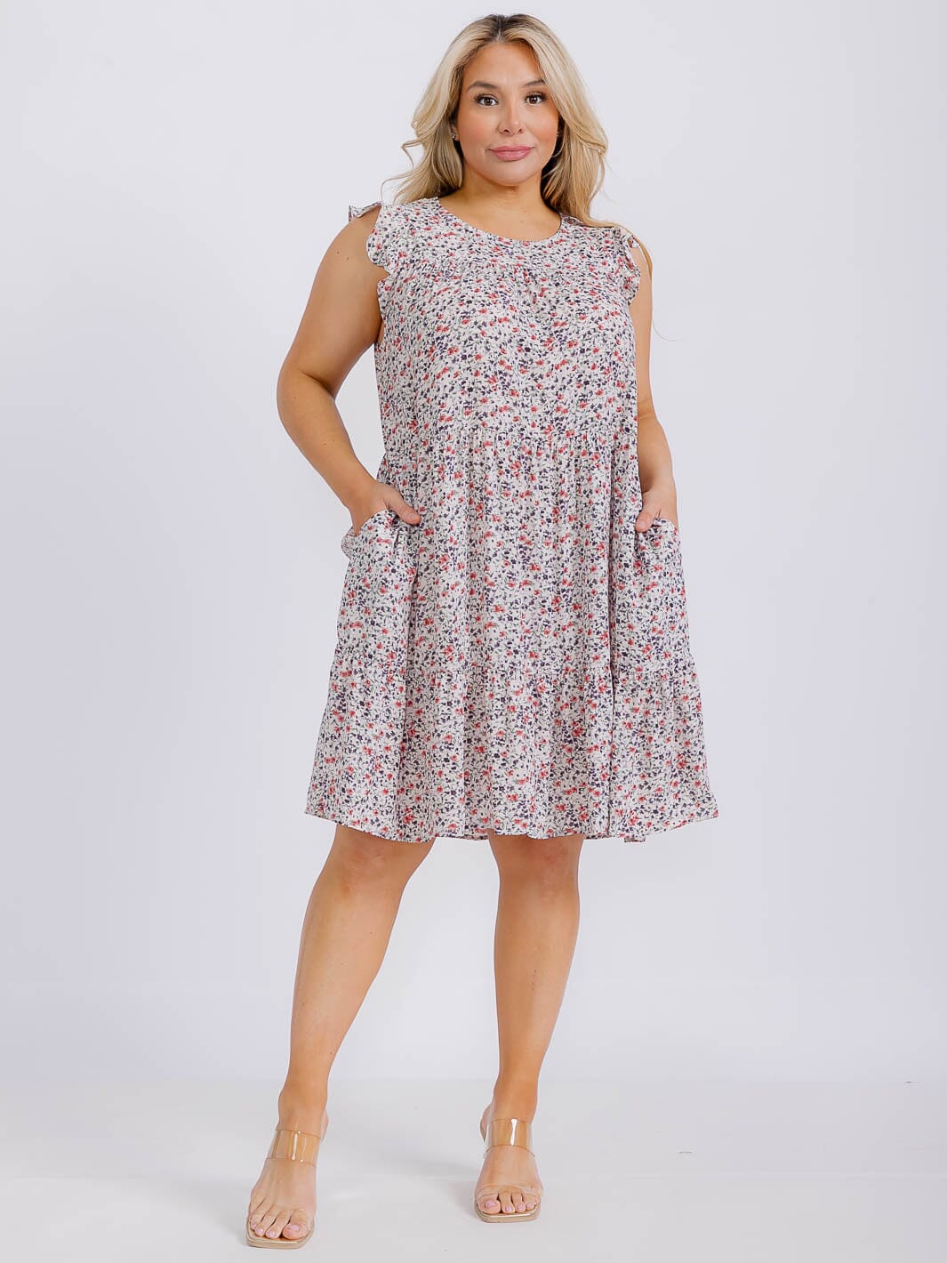 PLUS SIZE DITSY FLOWER PRINT FRONT POCKET MINI DRESS