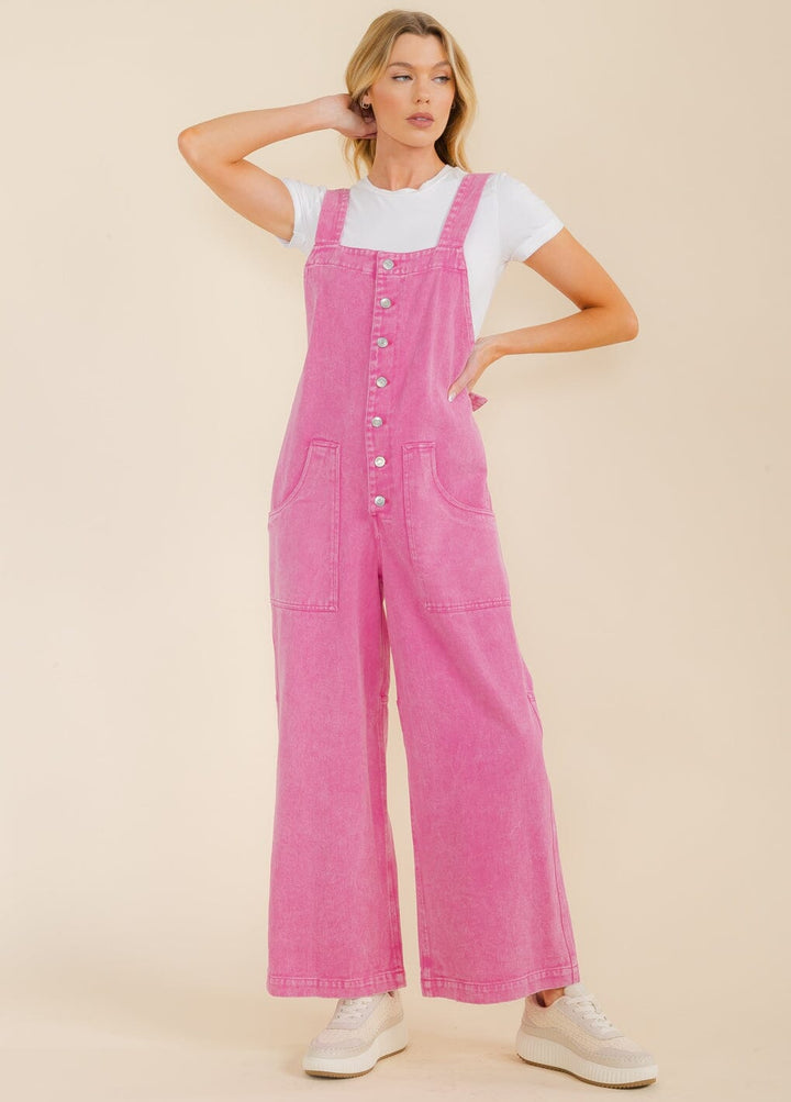 WOMEN'S SLEEVELESS POCKETS BUTTON UP WIDE LEG DENIM JUMPSUIT
