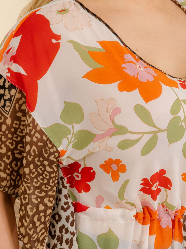 PLUS SIZE SHORT SLEEVE ANIMAL PRINT FLORAL TUNIC BLOUSE