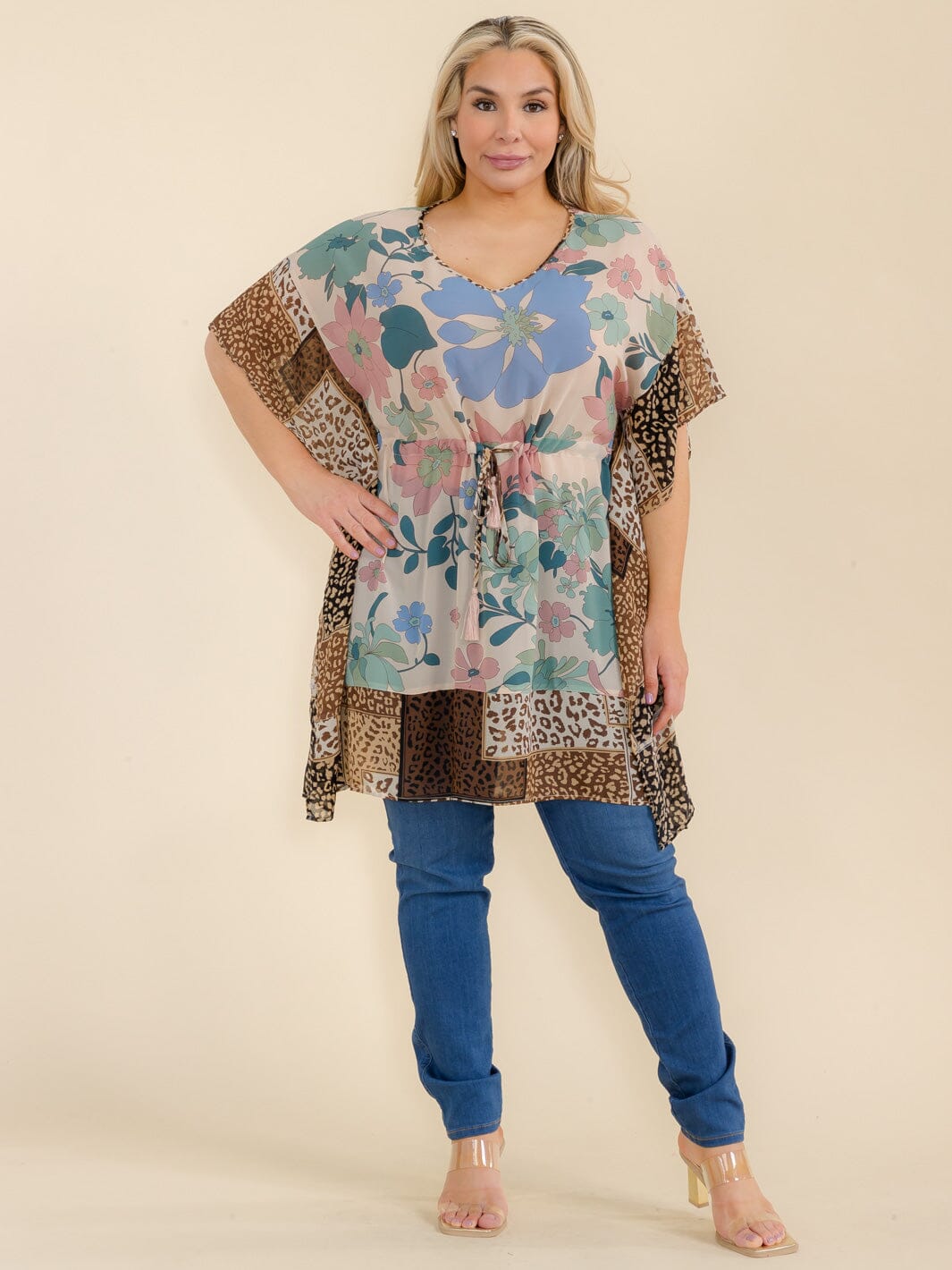 PLUS SIZE SHORT SLEEVE ANIMAL PRINT FLORAL TUNIC BLOUSE