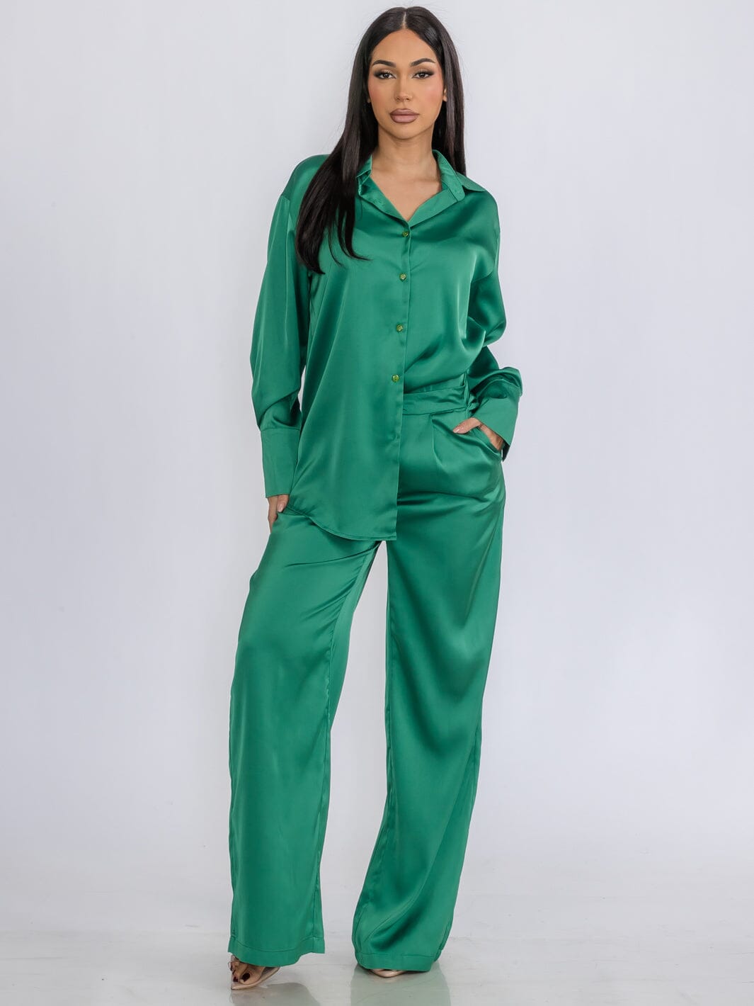 WOMEN'S LONG SLEEVE BLOUSE & BUTTON CLOSURE PANTS SATIN 2PC.SET