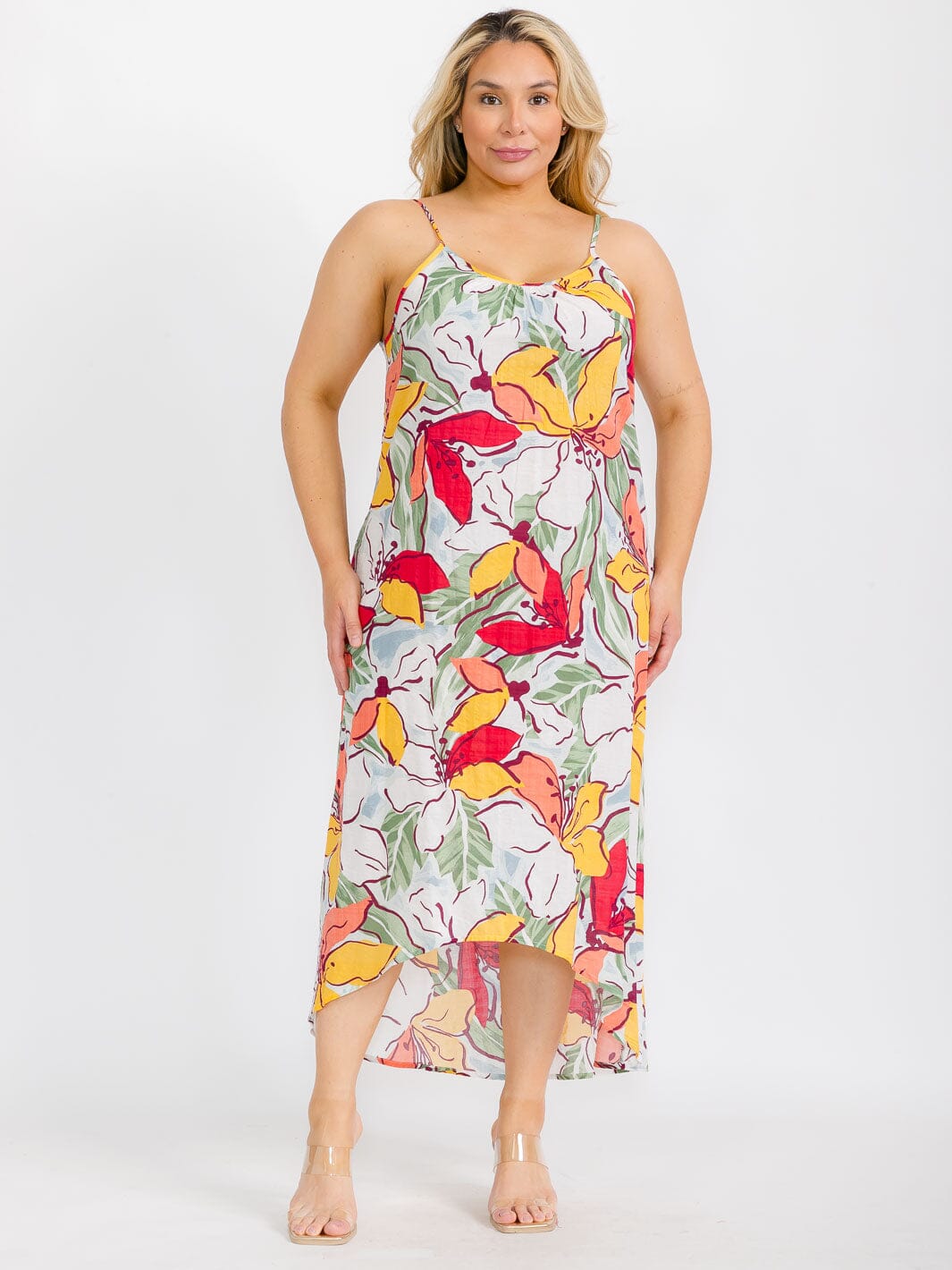 PLUS SIZE SLEEVELESS HIGH-LOW FLORAL MAXI DRESS