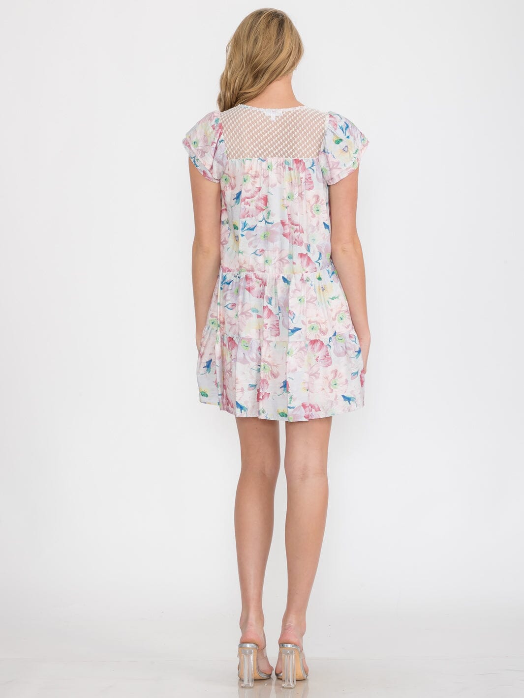 WOMEN'S RUFFLE SLEEVES BUTTON UP FRONT POCKETS TIERED FLORAL TUNIC MINI DRESS