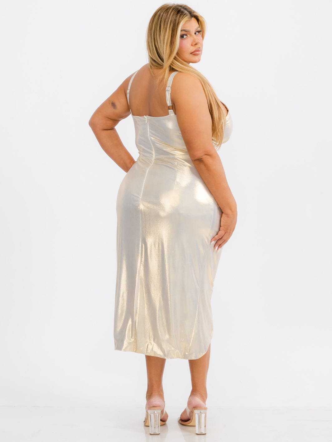 PLUS SIZE SLEEVELESS BODYCON V-NECK SURPLICE SHIMMER MIDI DRESS