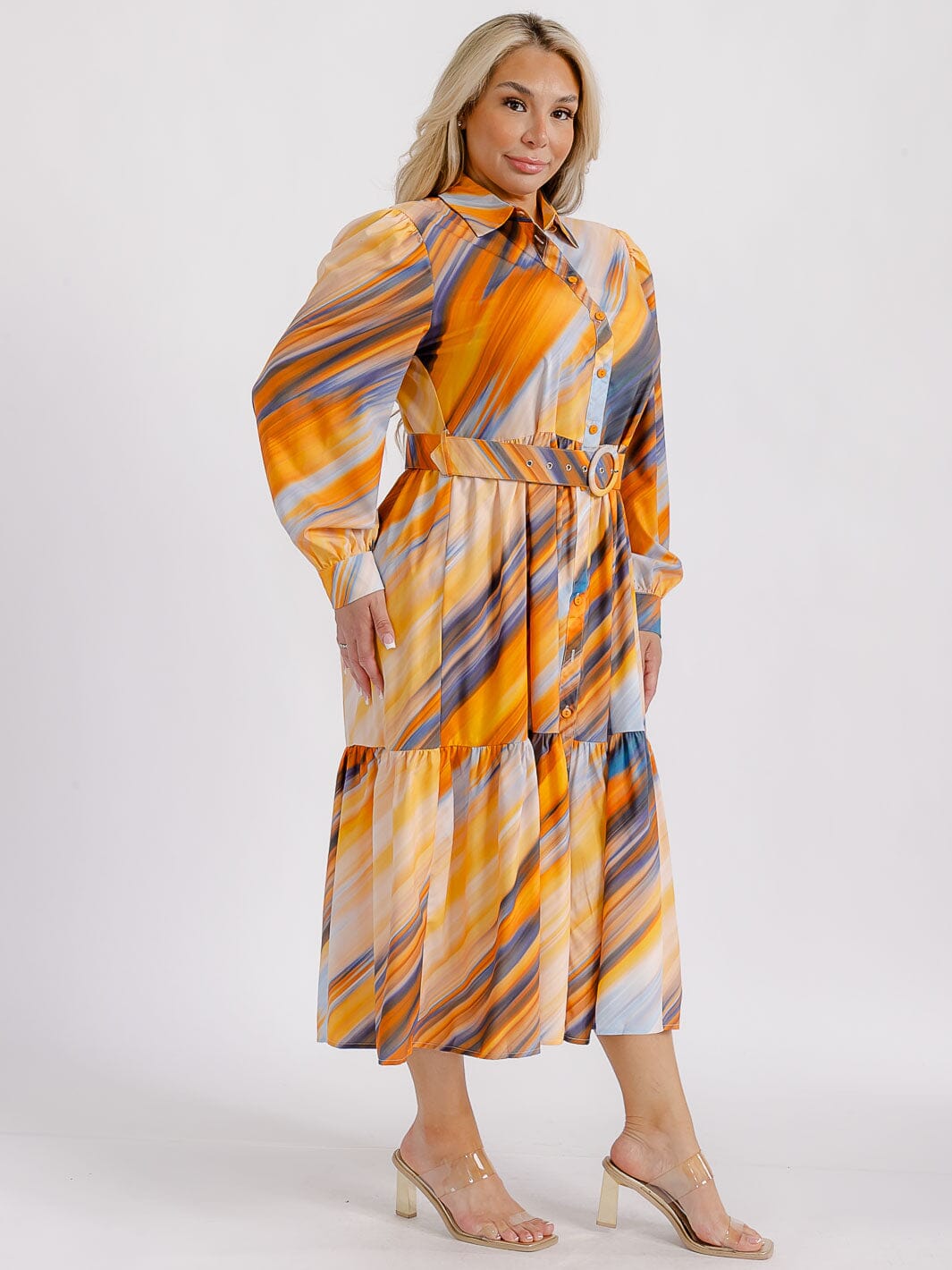 PLUS SIZE LONG SLEEVE BUTTON UP TIERED MULTI PRINT BELTED MIDI DRESS