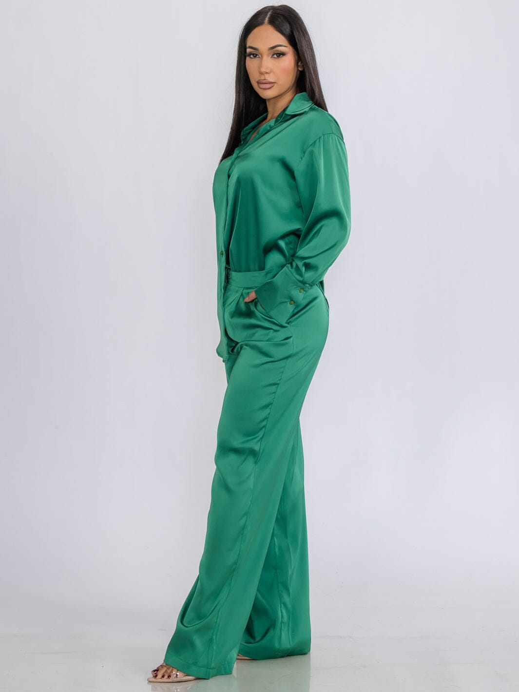 WOMEN'S LONG SLEEVE BLOUSE & BUTTON CLOSURE PANTS SATIN 2PC.SET