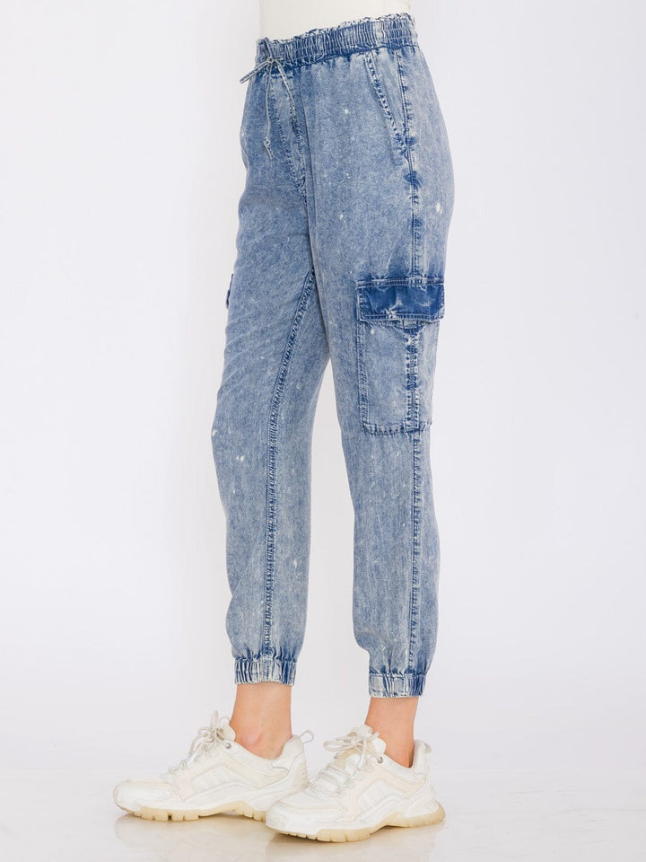 WOMEN'S ELASTIC WAIST CARGO POCKETS JOGGER CHAMBRAY PANTS