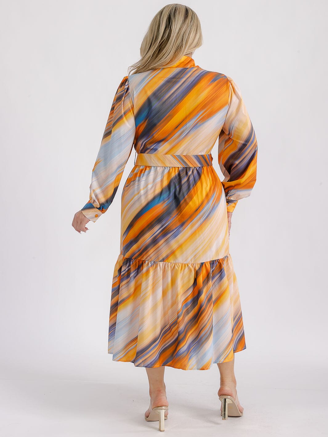 PLUS SIZE LONG SLEEVE BUTTON UP TIERED MULTI PRINT BELTED MIDI DRESS