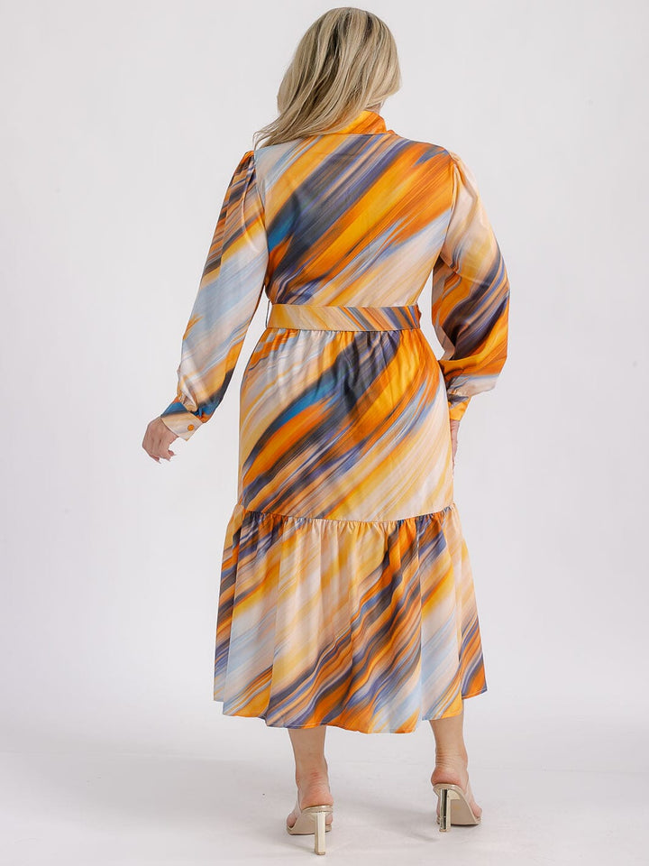 PLUS SIZE LONG SLEEVE BUTTON UP TIERED MULTI PRINT BELTED MIDI DRESS