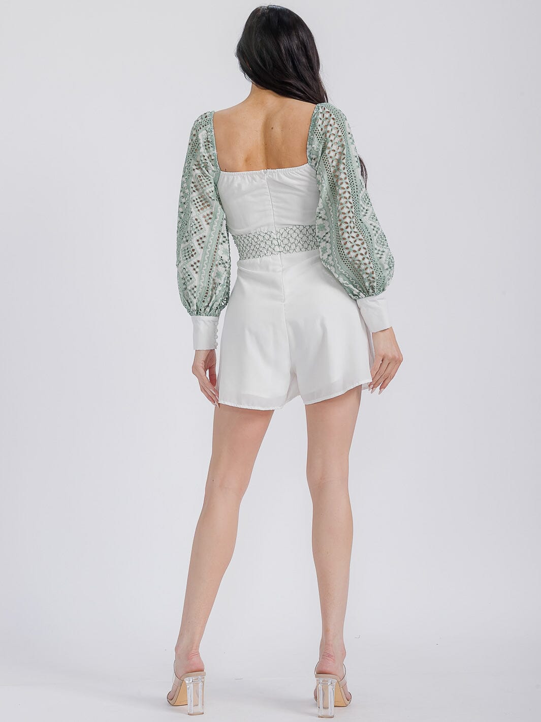 WOMEN'S LONG SLEEVE V-NECK CUT OUT EMBROIDERY EYELET ROMPER