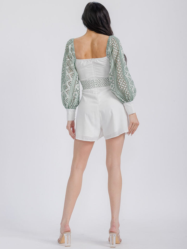 WOMEN'S LONG SLEEVE V-NECK CUT OUT EMBROIDERY EYELET ROMPER