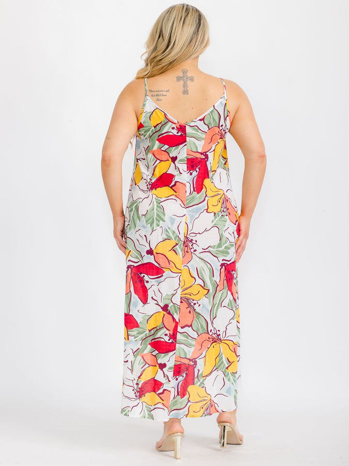 PLUS SIZE SLEEVELESS HIGH-LOW FLORAL MAXI DRESS