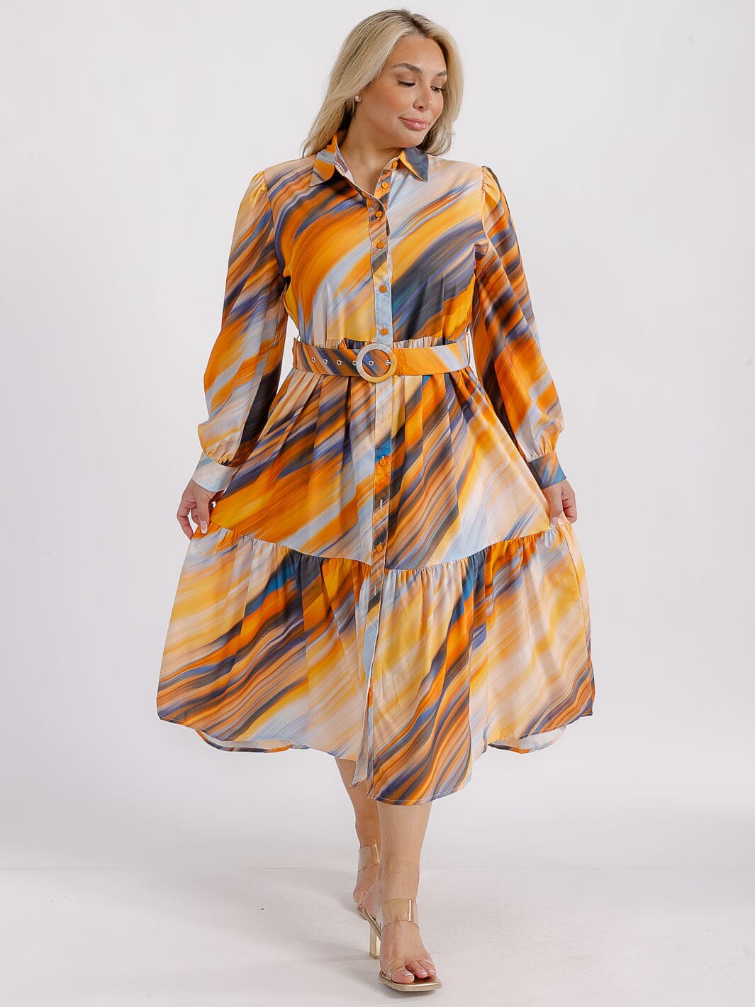 PLUS SIZE LONG SLEEVE BUTTON UP TIERED MULTI PRINT BELTED MIDI DRESS