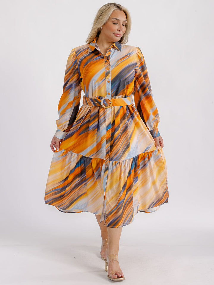 PLUS SIZE LONG SLEEVE BUTTON UP TIERED MULTI PRINT BELTED MIDI DRESS