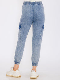WOMEN'S ELASTIC WAIST CARGO POCKETS JOGGER CHAMBRAY PANTS