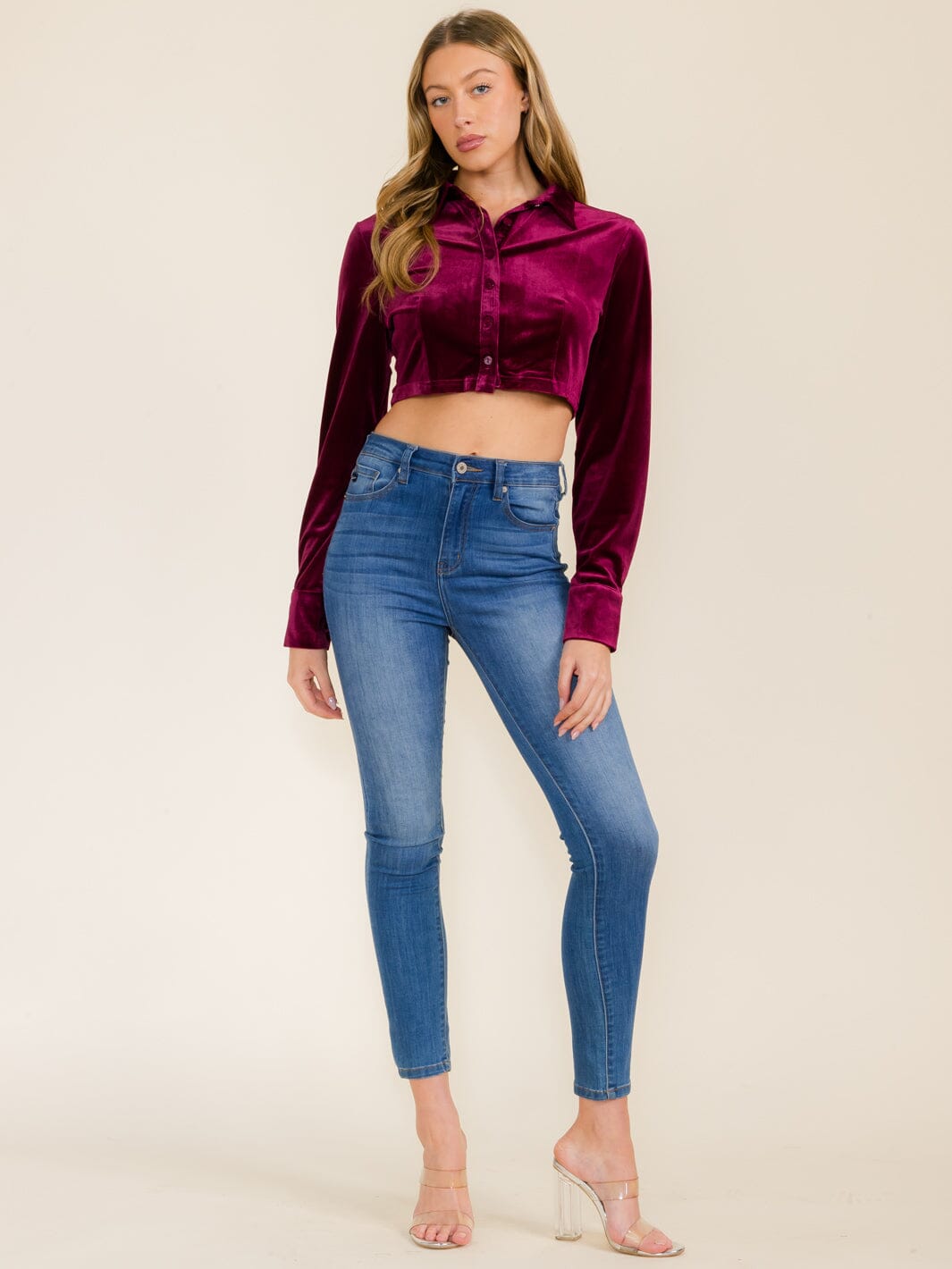 WOMEN'S LONG SLEEVE BUTTON UP VELVET CROP TOP