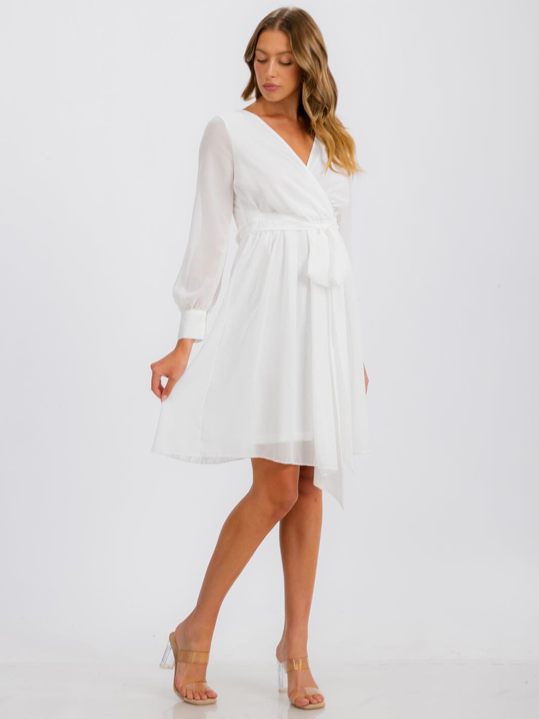 WOMEN'S LONG SLEEVE SURPLICE SELF TIE MINI DRESS