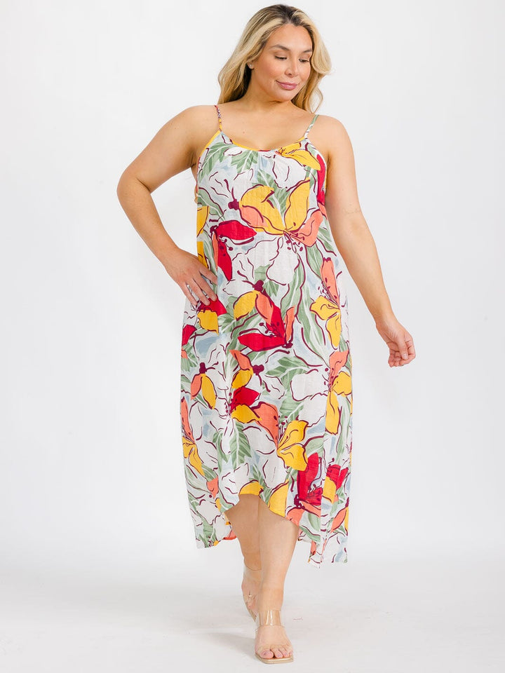 PLUS SIZE SLEEVELESS HIGH-LOW FLORAL MAXI DRESS