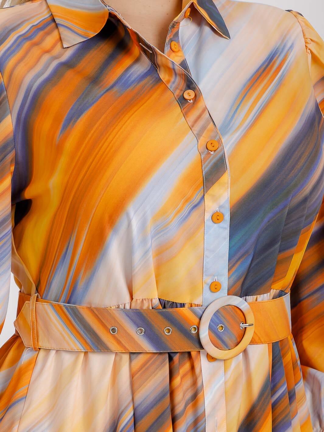 PLUS SIZE LONG SLEEVE BUTTON UP TIERED MULTI PRINT BELTED MIDI DRESS