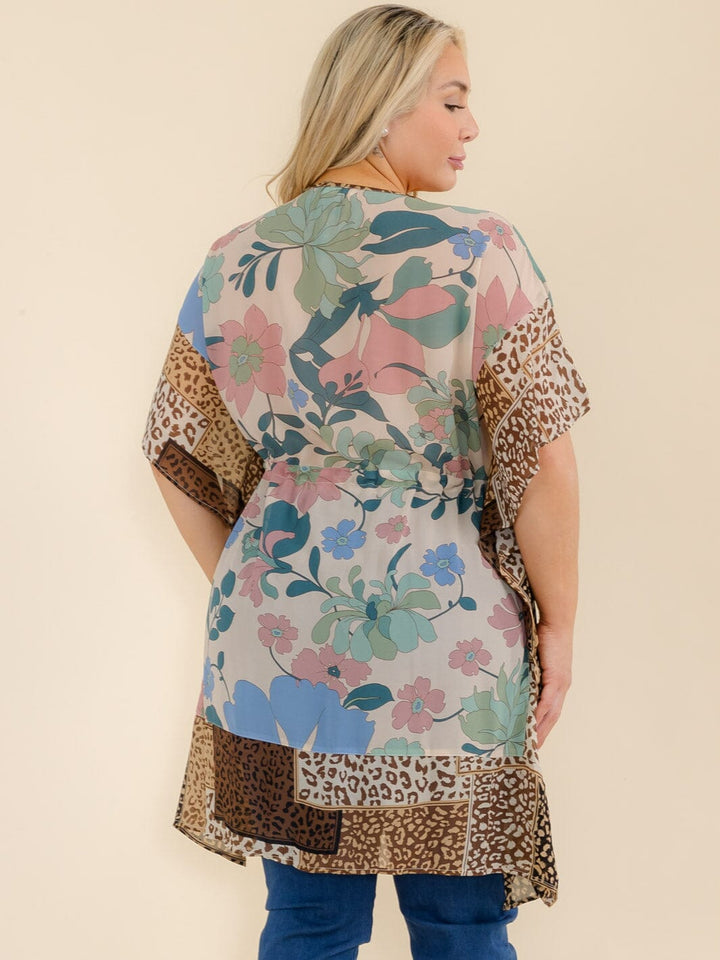PLUS SIZE SHORT SLEEVE ANIMAL PRINT FLORAL TUNIC BLOUSE