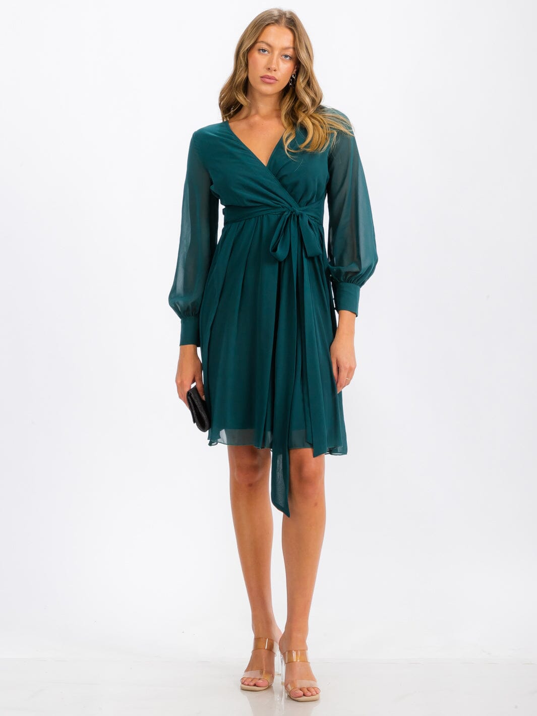 WOMEN'S LONG SLEEVE SURPLICE SELF TIE MINI DRESS
