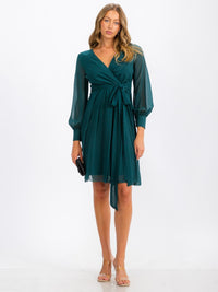 WOMEN'S LONG SLEEVE SURPLICE SELF TIE MINI DRESS