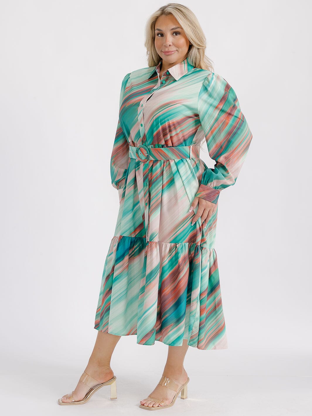 PLUS SIZE LONG SLEEVE BUTTON UP TIERED MULTI PRINT BELTED MIDI DRESS