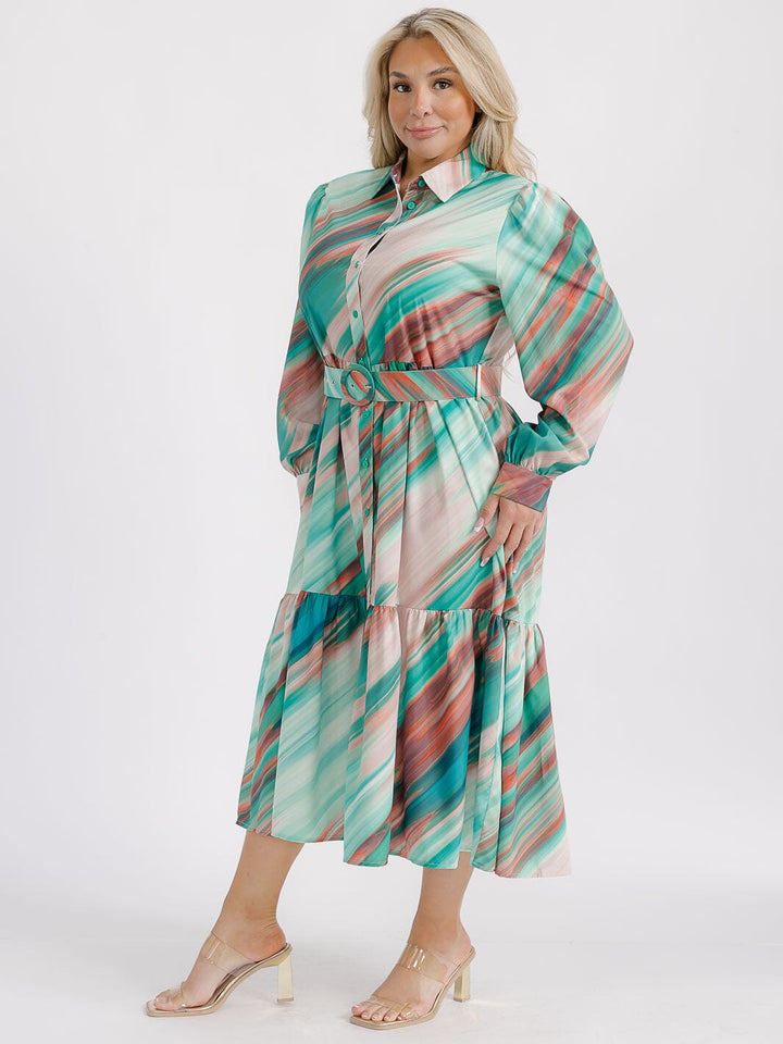 PLUS SIZE LONG SLEEVE BUTTON UP TIERED MULTI PRINT BELTED MIDI DRESS