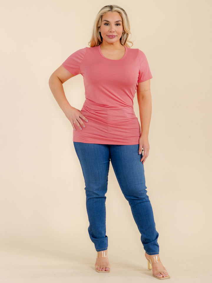 PLUS SIZE SHORT SLEEVE SIDE RUCHED SOLID BLOUSE