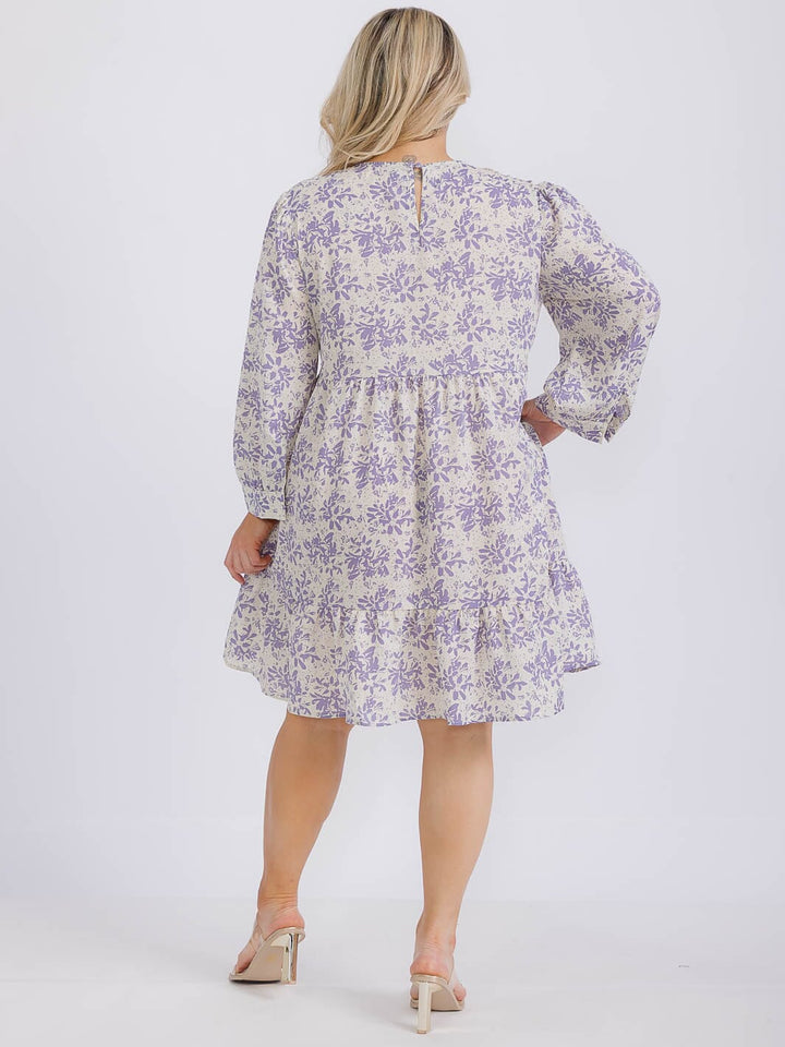 PLUS SIZE 3/4 SLEEVES TIERED SURPLICE TRIM DETAILED FLORAL TUNIC MINI DRESS