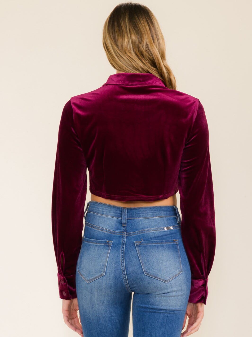 WOMEN'S LONG SLEEVE BUTTON UP VELVET CROP TOP