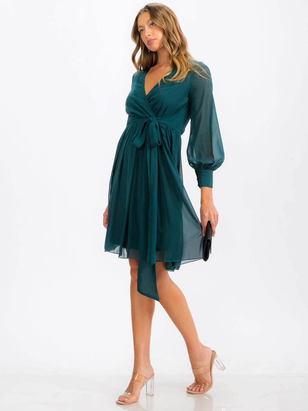 WOMEN'S LONG SLEEVE SURPLICE SELF TIE MINI DRESS