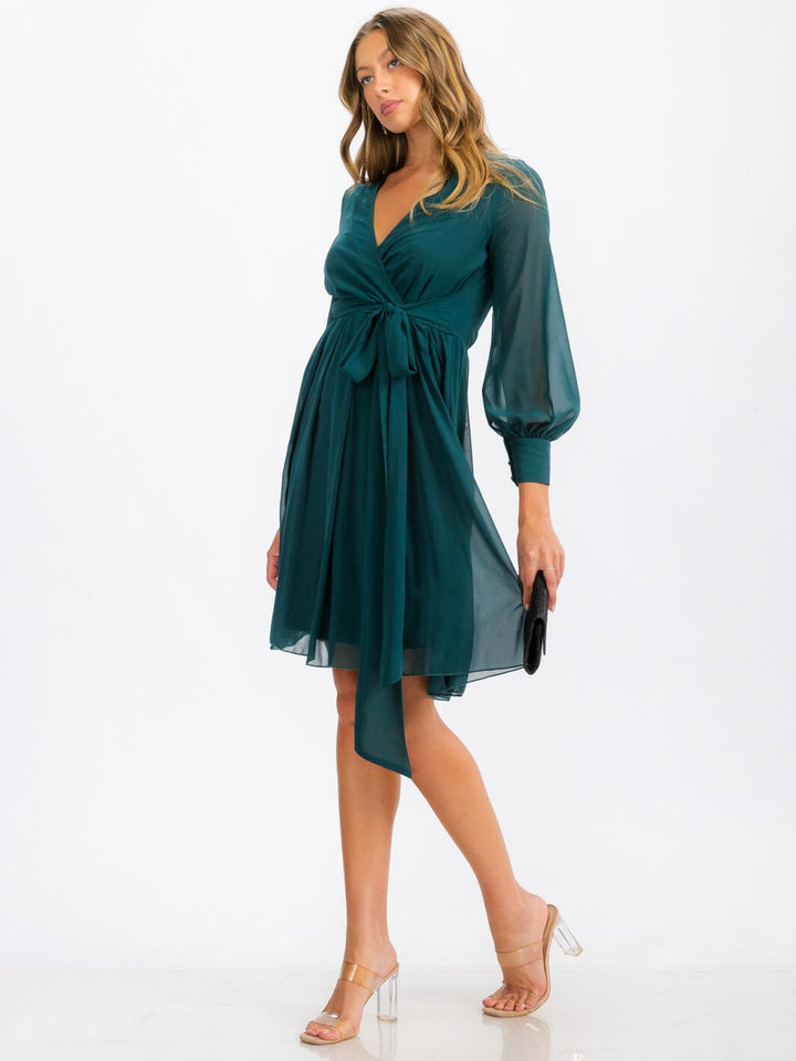 WOMEN'S LONG SLEEVE SURPLICE SELF TIE MINI DRESS