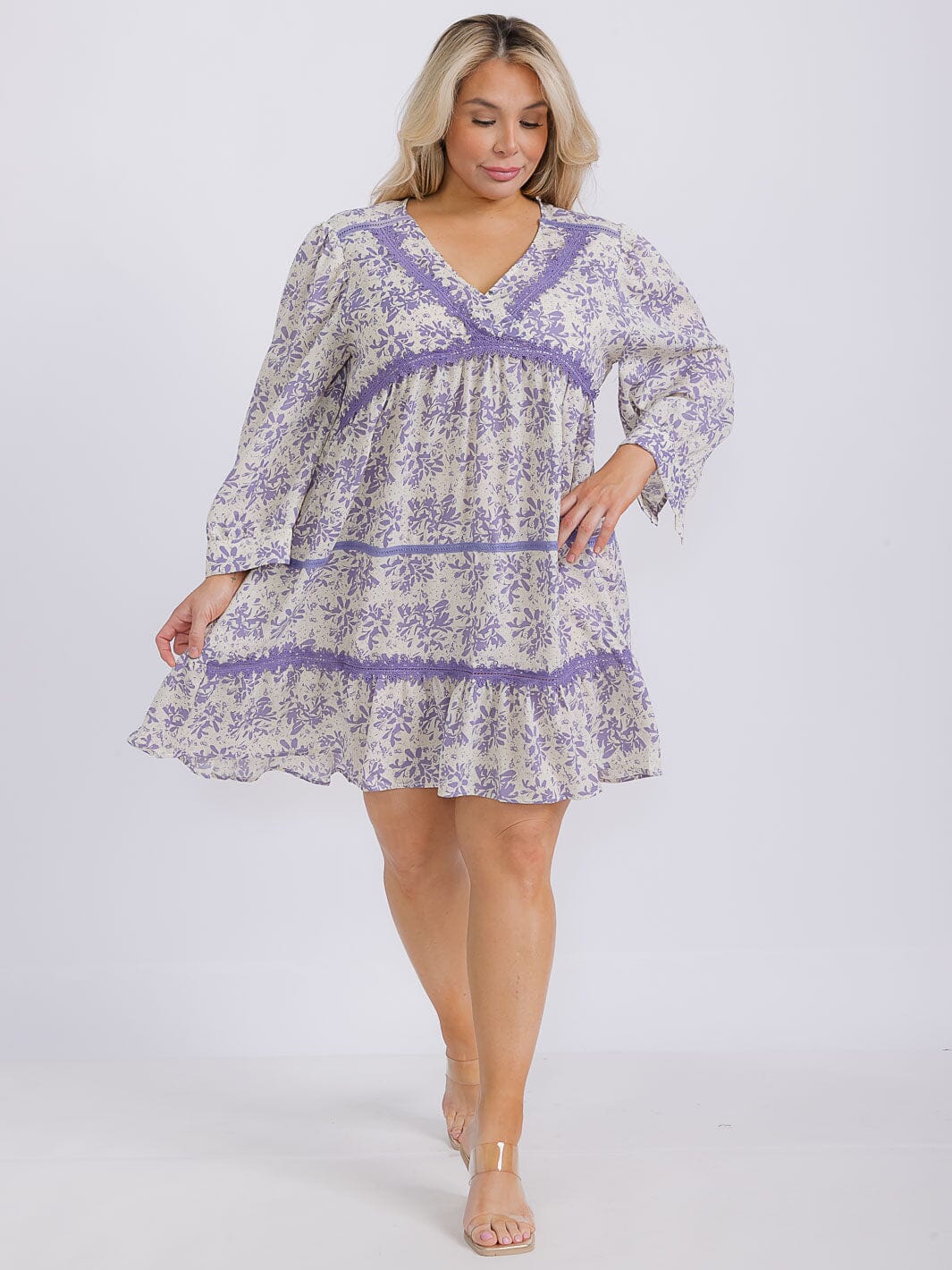 PLUS SIZE 3/4 SLEEVES TIERED SURPLICE TRIM DETAILED FLORAL TUNIC MINI DRESS