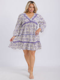PLUS SIZE 3/4 SLEEVES TIERED SURPLICE TRIM DETAILED FLORAL TUNIC MINI DRESS