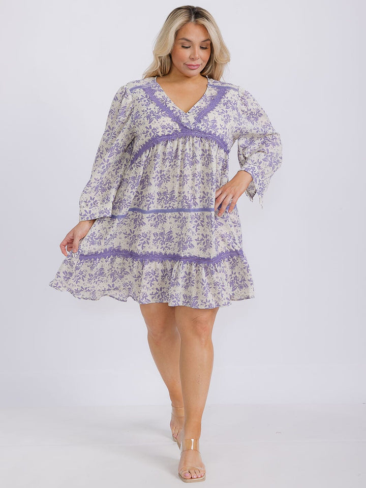 PLUS SIZE 3/4 SLEEVES TIERED SURPLICE TRIM DETAILED FLORAL TUNIC MINI DRESS
