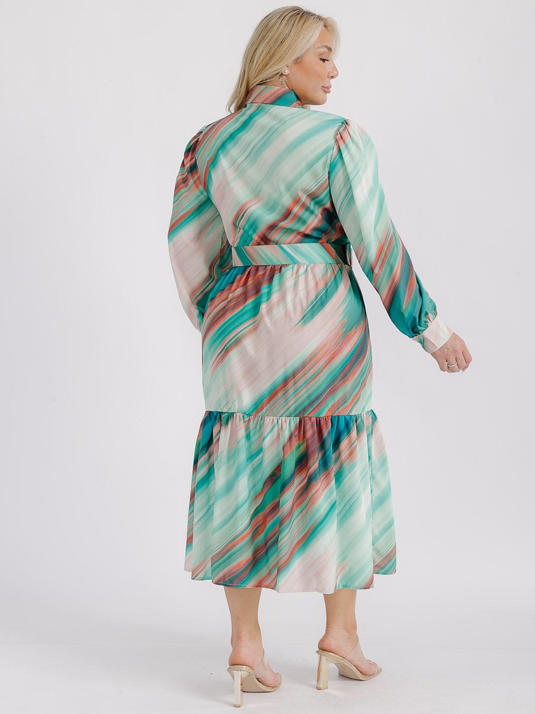 PLUS SIZE LONG SLEEVE BUTTON UP TIERED MULTI PRINT BELTED MIDI DRESS