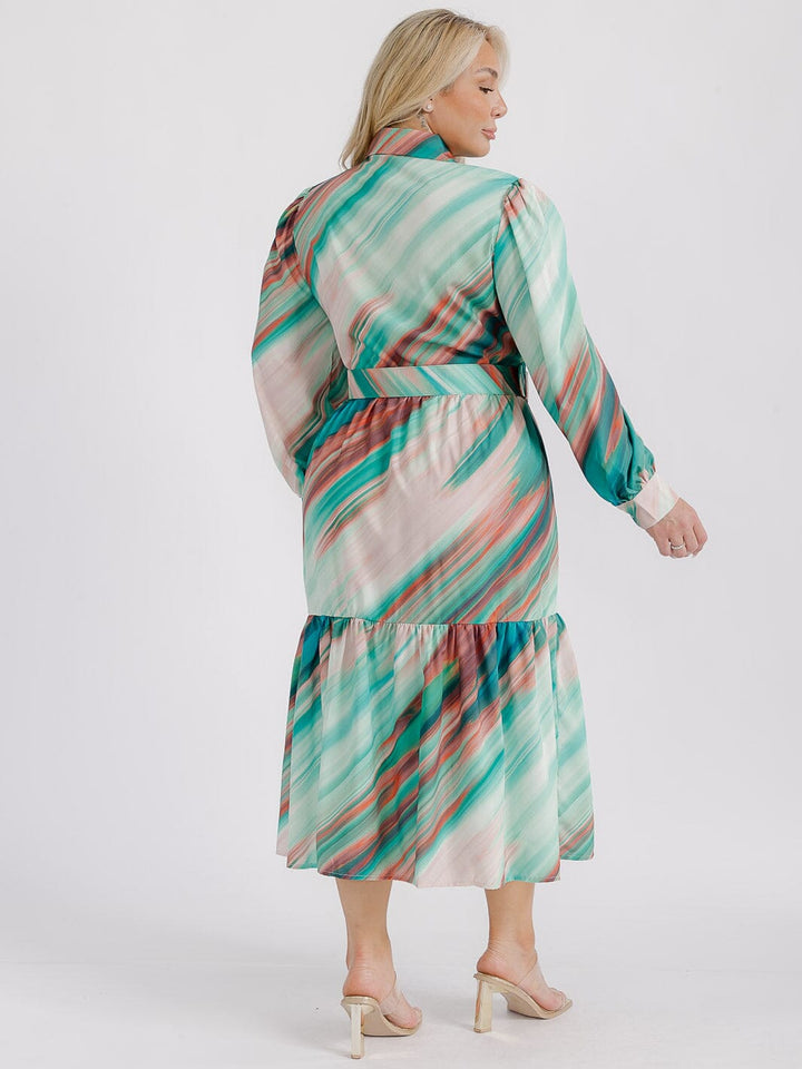 PLUS SIZE LONG SLEEVE BUTTON UP TIERED MULTI PRINT BELTED MIDI DRESS