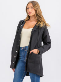 WOMEN'S LONG SLEEVE BUTTON CLOSURE FRONT POCKETS HOODED DENIM JACKET