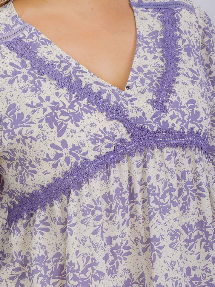 PLUS SIZE 3/4 SLEEVES TIERED SURPLICE TRIM DETAILED FLORAL TUNIC MINI DRESS