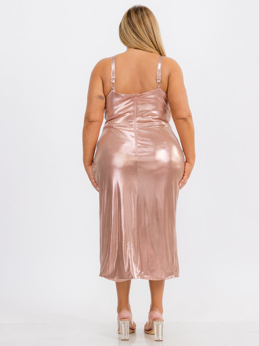 PLUS SIZE SLEEVELESS BODYCON V-NECK SURPLICE SHIMMER MIDI DRESS