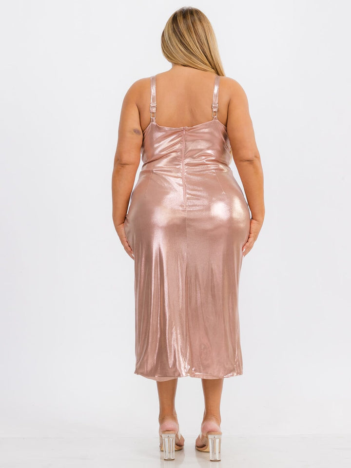 PLUS SIZE SLEEVELESS BODYCON V-NECK SURPLICE SHIMMER MIDI DRESS