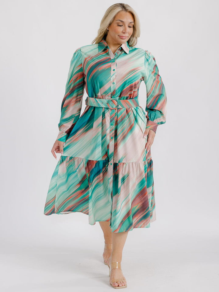 PLUS SIZE LONG SLEEVE BUTTON UP TIERED MULTI PRINT BELTED MIDI DRESS