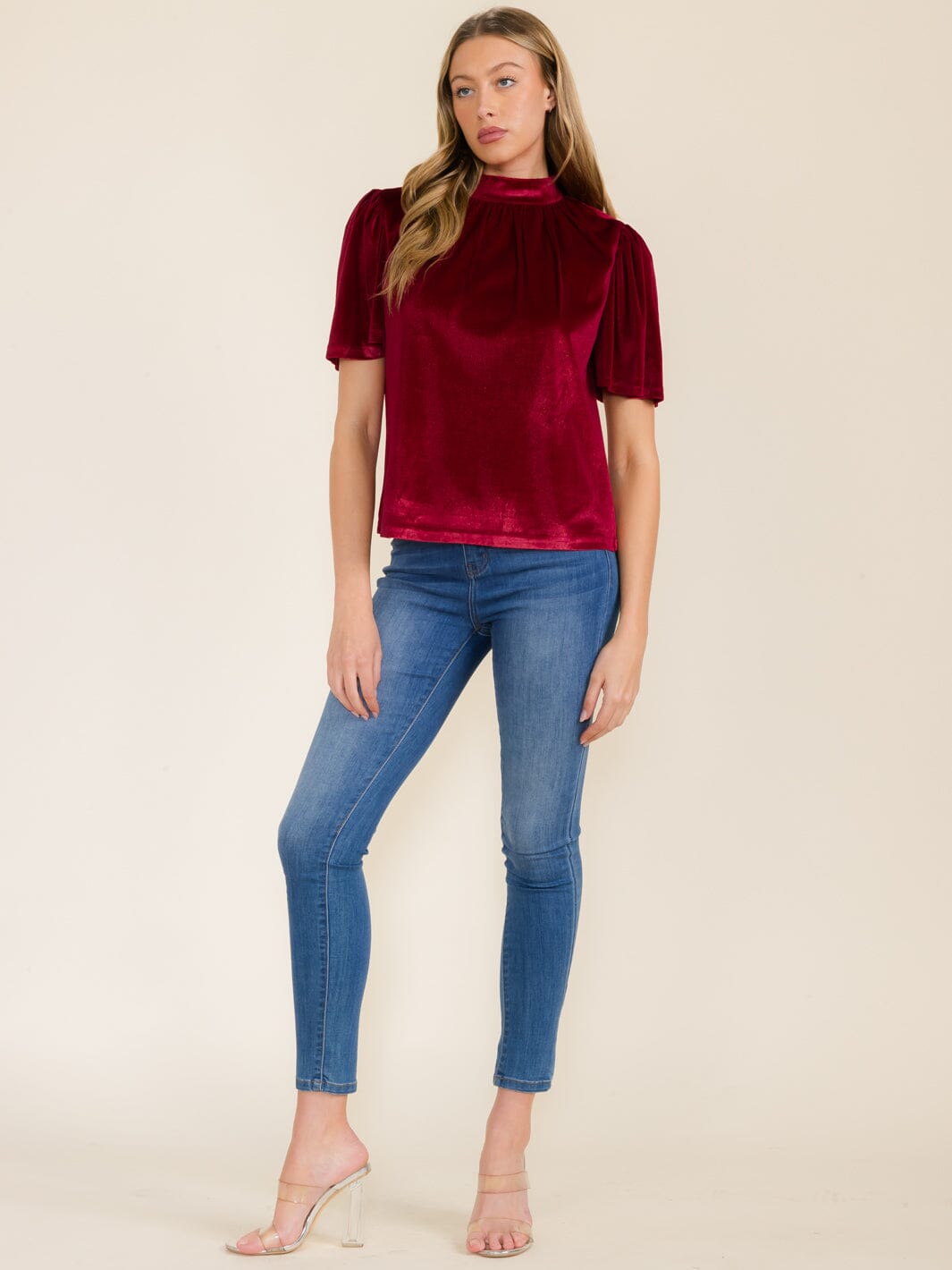 WOMEN'S SHORT SLEEVE MOCK NECK VELVET BLOUSE
