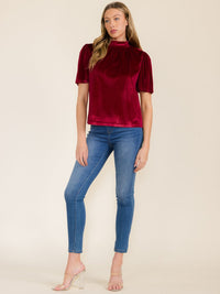 WOMEN'S SHORT SLEEVE MOCK NECK VELVET BLOUSE